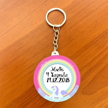 Unicorn Pink  Temalı Daire Plastik Anahtarlık