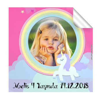 Unicorn Pink Temalı Doğum Günü  Kare Etiket