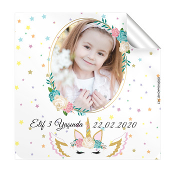 Unicorn Star Temalı Resimli Kare Etiket