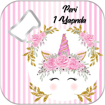 Unicorn Temalı Çiçekli Kare Magnet Açacak