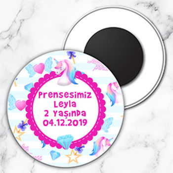 Unicorn Ve Elmas Temalı Daire Plastik Magnet