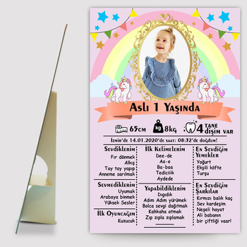 Unicorn ve Gökkuşağı Temalı Doğum Günü Ahşap Pano