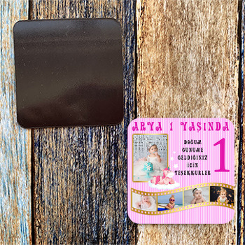 Unicornlu Gold Film Şeridi ve Pembe Çizgili Temalı Doğum Günü Magnet