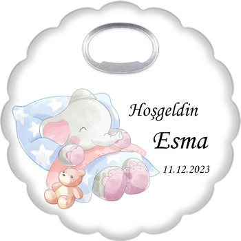 Uykucu Fil ile Oyuncak Ayısı Temalı Çiçek Şekilli Magnet Açacak