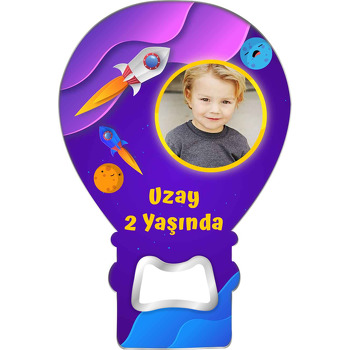 Uzay Gemisi ile Sarı Çerçeve Temalı Balon Ahşap Magnet 