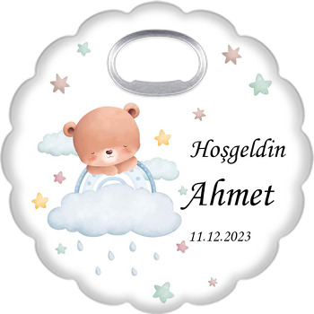 Yağmur Bulutunda Mavi Gökkuşaklı Ayıcık Temalı Çiçek Şekilli Magnet Açacak