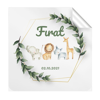 Yaprak Çerçevede Safari Hayvanlar Temalı Kare Parti Etiket