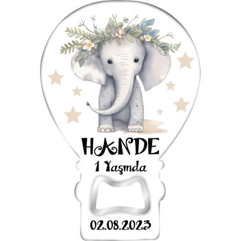 Yaprak Taçlı Fil ile Krem Yıldızlar Temalı Balon Ahşap Magnet 