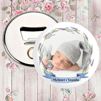 Yapraklar ve Lavanta Çerçeve ile Mavi Flama Temalı Hoşgeldin Bebek Magnet Açacak