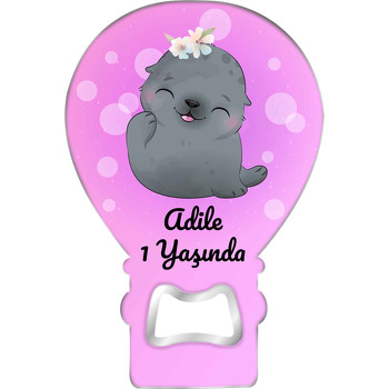 Yavru Fok Pembe Fon Temalı Balon Ahşap Magnet 