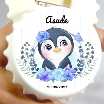 Yavru Penguen ile Çiçekler Temalı Kapak Şekilli Magnet Açacak