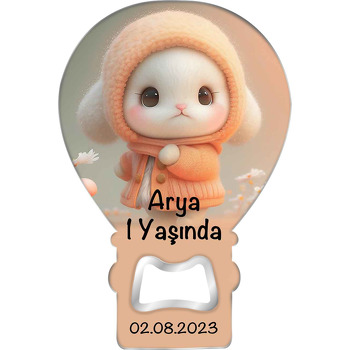 Yavruağzı Hırkalı Bebek Tavşan Temalı Balon Ahşap Magnet 