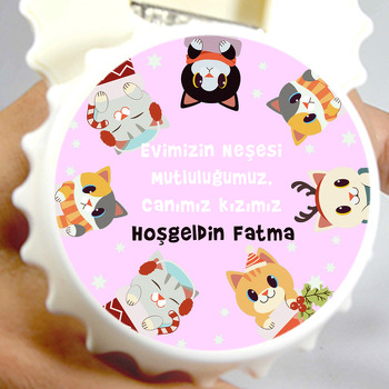 Yeni Yıl Kedileri Pembe Fon Temalı Kapak Şekilli Magnet Açacak