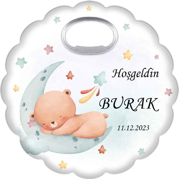 Yeşil Ayda Uyuyan Ayıcık Temalı Çiçek Şekilli Magnet Açacak