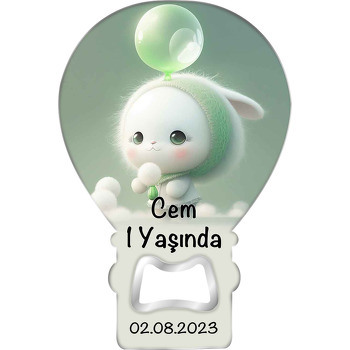 Yeşil Baloncuklu Bebek Tavşan Temalı Balon Ahşap Magnet 