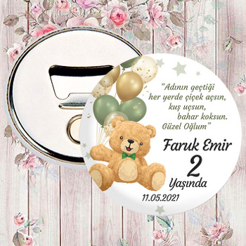 Yeşil Balonlu Papyonlu Ayıcık Temalı Magnet Açacak