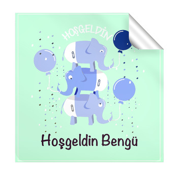 Yeşil Bebek Filler Temalı Kare Etiket
