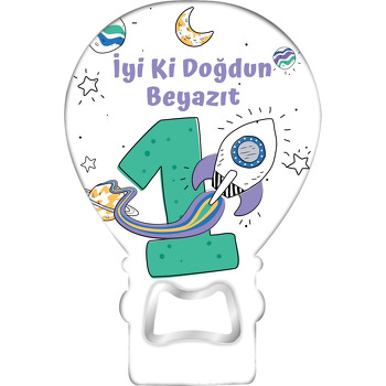 Yeşil Bir Rakamı ve Uzay Gemisi Temalı Balon Ahşap Magnet 