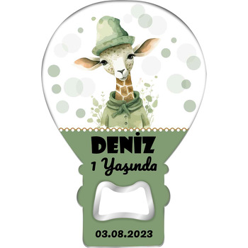 Yeşil Bordür ile Şapkalı Zürafa Temalı Balon Ahşap Magnet 