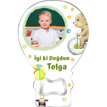 Yeşil Çerçeve ile Bisikletli Ayıcık Temalı Balon Ahşap Magnet 