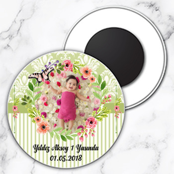 Yeşil Çiçek Temalı Resimli Daire Plastik Magnet