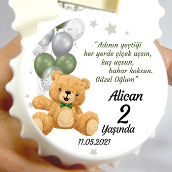 Yeşil ile Silver Balonlu Ayıcık Temalı Kapak Şekilli Magnet Açacak
