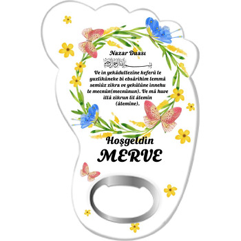 Yeşil Yaprak Çerçeve ve Kelebekler Temalı Ayak İzi Magnet Açacak