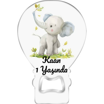 Yeşil Yaprak Dalı ile Fil Temalı Balon Ahşap Magnet 