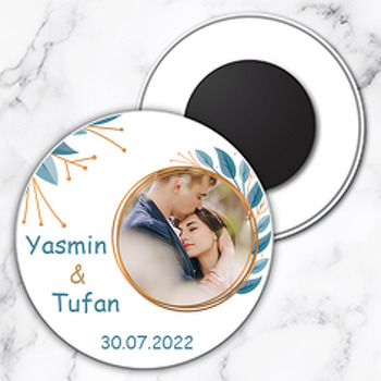 Yeşil Yaprak ve Dallar ile Gold Daire Çerçeve Temalı Daire Plastik Magnet
