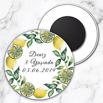 Yeşil Yapraklı Limon Temalı Daire Plastik Magnet