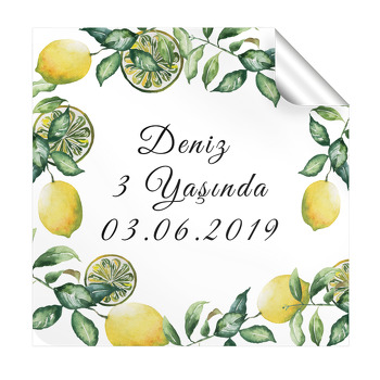 Yeşil Yapraklı Limon Temalı Kare Etiket