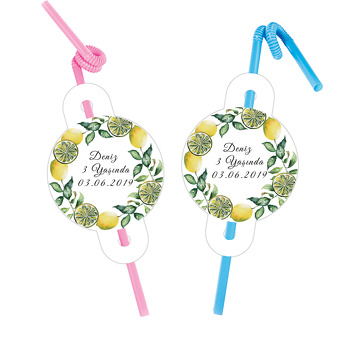 Yeşil Yapraklı Limon Temalı Pipet ve Kartı