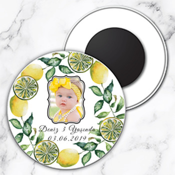 Yeşil Yapraklı Limon Temalı Resimli Daire Plastik Magnet