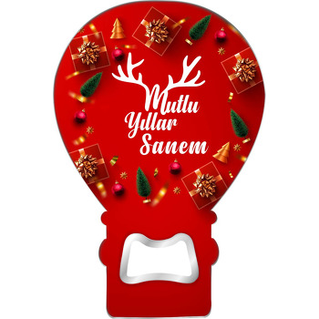 Yılbaşı Hediyeleri Kırmızı Fon ile Geyikli Yazım Karakteri Temalı Balon Ahşap Magnet 