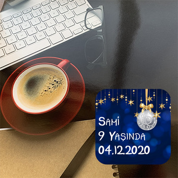 Yılbaşı Süsleri Mavi Fon Temalı Bardak Altlığı
