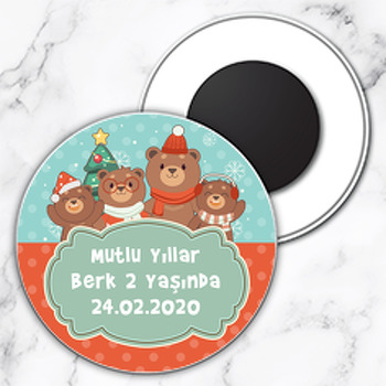 Yılbaşı Ve Ayıcıklar Temalı Daire Plastik Magnet