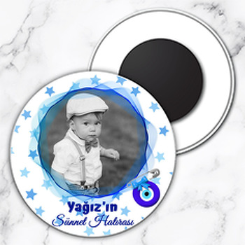 Yıldız Fonda Mavi Dalga Çerçeve ile Sünnet Nazarlık Temalı Daire Plastik Magnet