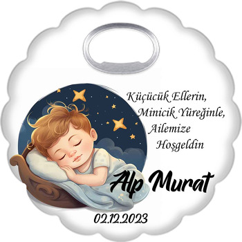 Yıldızlar İçerisinde Uyuyan Erkek Çocuk Temalı Çiçek Şekilli Magnet Açacak