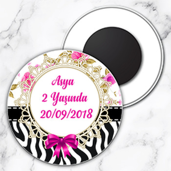 Zebra ve Çiçek Desenli Temalı Daire Plastik Magnet