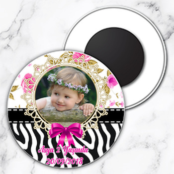 Zebra ve Çiçek Desenli Temalı Resimli Daire Plastik Magnet