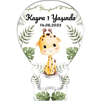 Zürafa Bebek Tropikal Sarmaşık Yapraklarla Temalı Balon Ahşap Magnet 