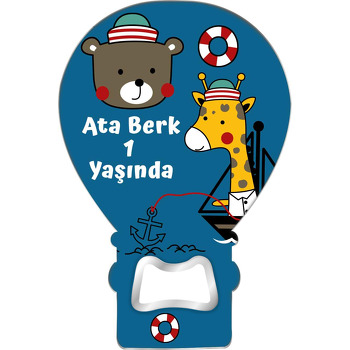 Zürafa ile Ayıcık Kaptan Temalı Balon Ahşap Magnet 