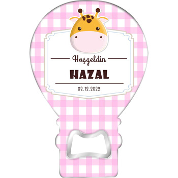 Zürafa ile Pembe Kareli Fon Temalı Balon Magnet Açacak
