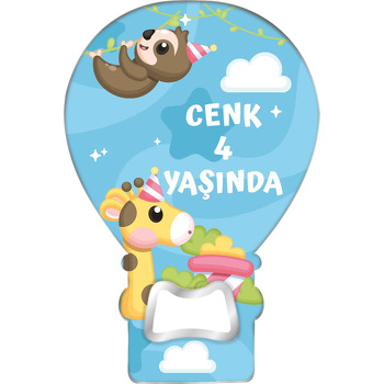 Zürafa ile Tembel Hayvan Mavi Fonda Temalı Balon Magnet Açacak