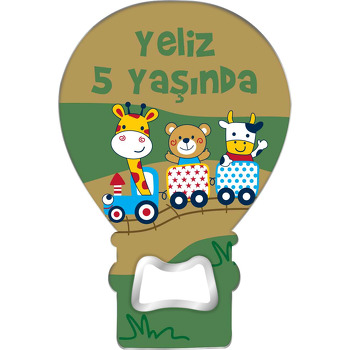 Zürafa İnek ile Ayıcık Lokomotifi Temalı Balon Ahşap Magnet 