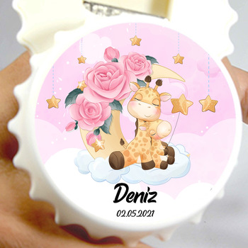 Zürafalar ile Güllü Ay Pembe Fon Temalı Kapak Şekilli Magnet Açacak